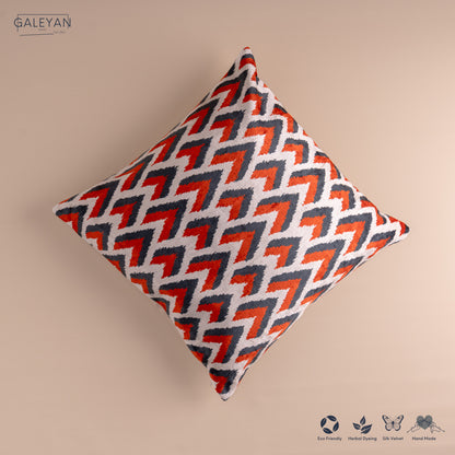 Silk Velvet Ikat Cushion – Off White/Red/Midnight Indigo