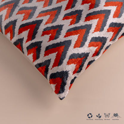 Silk Velvet Ikat Cushion – Off White/Red/Midnight Indigo