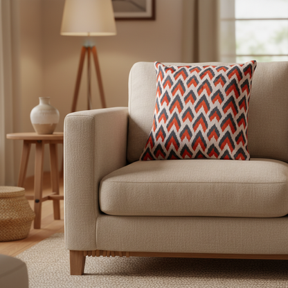 Silk Velvet Ikat Cushion – Off White/Red/Midnight Indigo