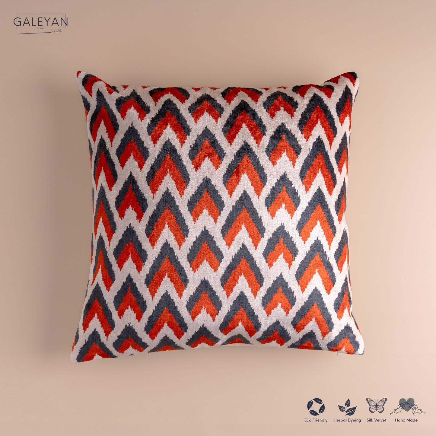 Silk Velvet Ikat Cushion – Off White/Red/Midnight Indigo