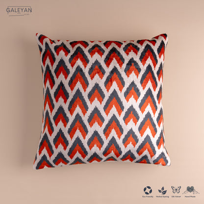 Silk Velvet Ikat Cushion – Off White/Red/Midnight Indigo