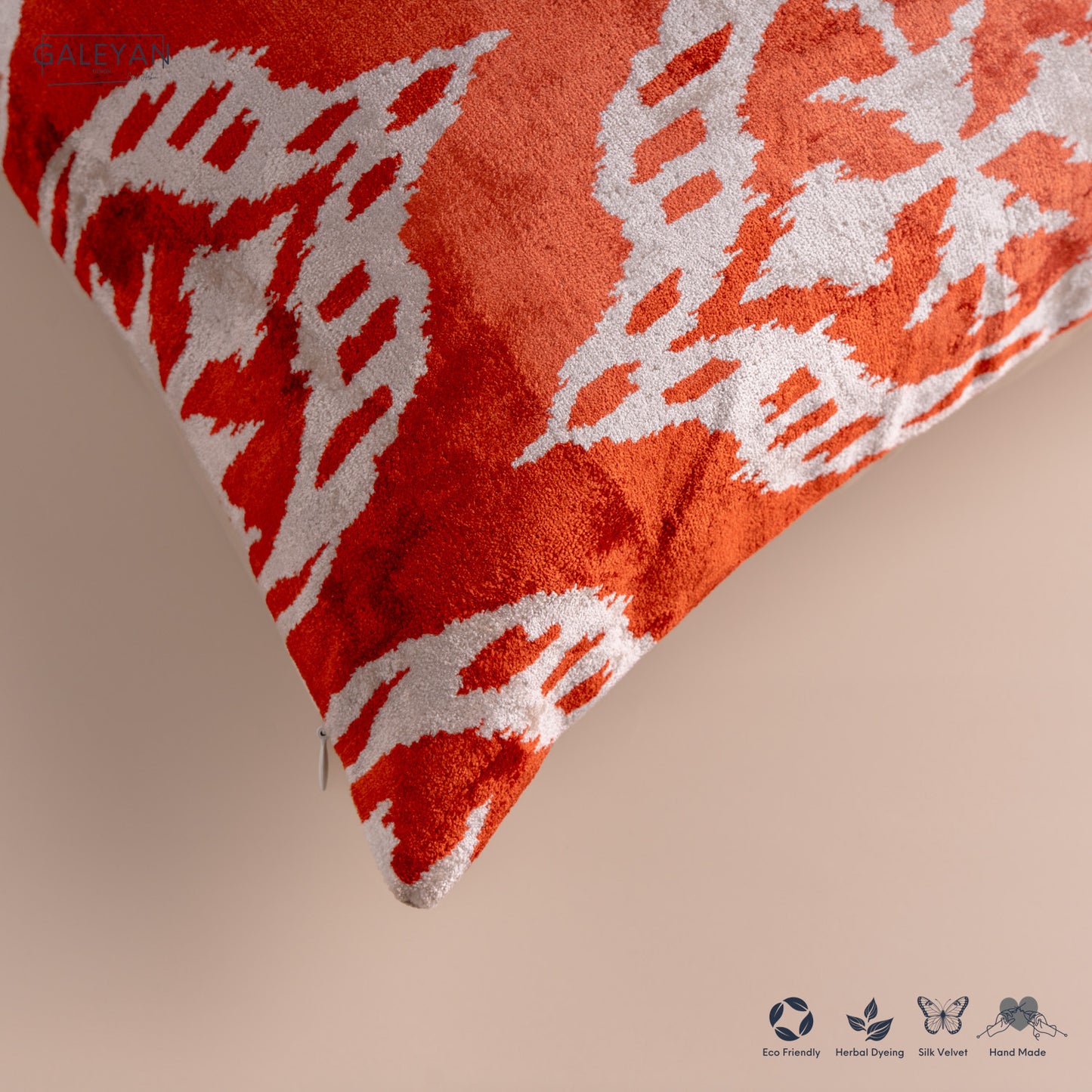 Silk Velvet Ikat Cushion – Off White/Red