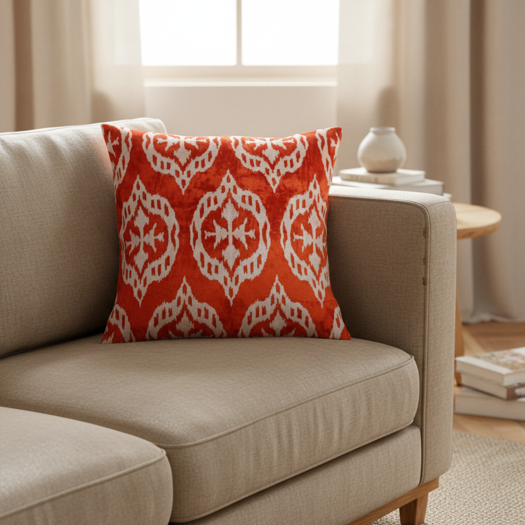 Silk Velvet Ikat Cushion – Off White/Red