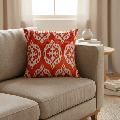 Silk Velvet Ikat Cushion – Off White/Red