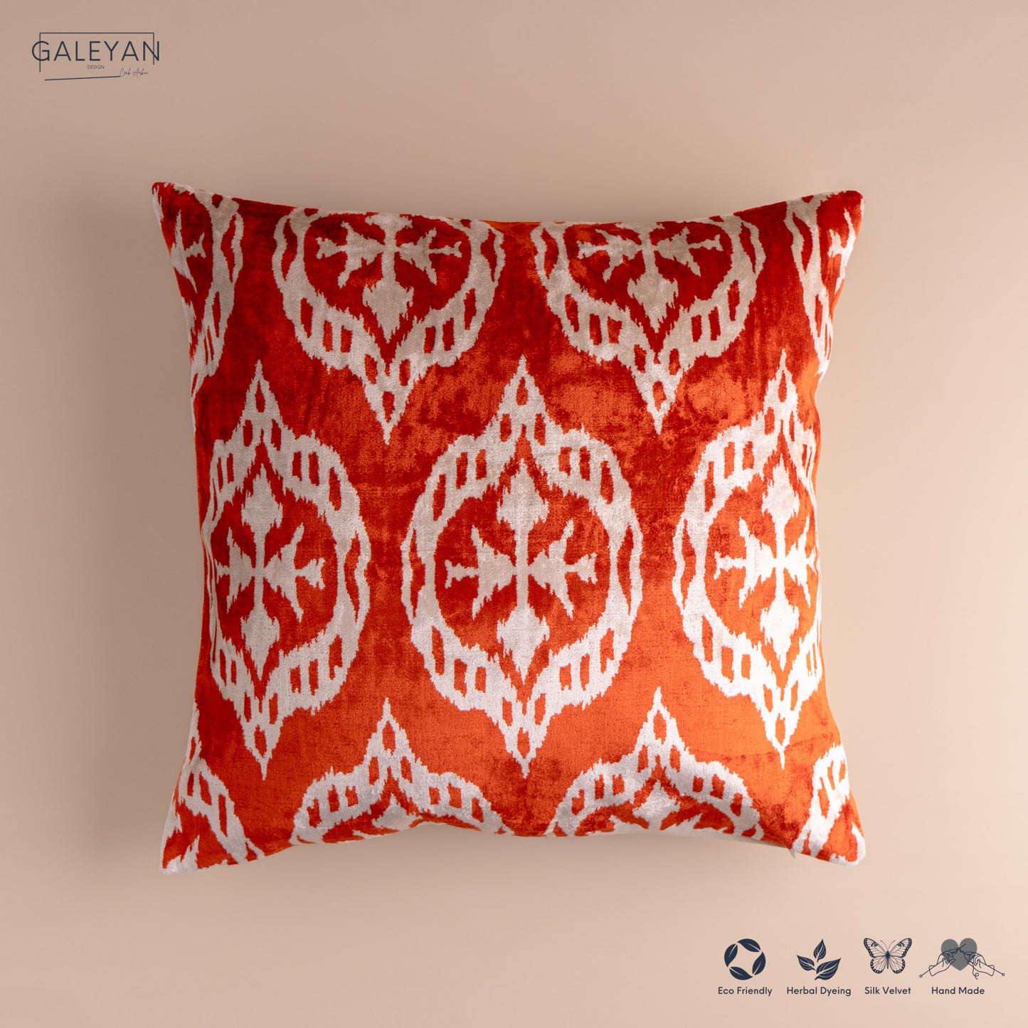 Silk Velvet Ikat Cushion – Off White/Red