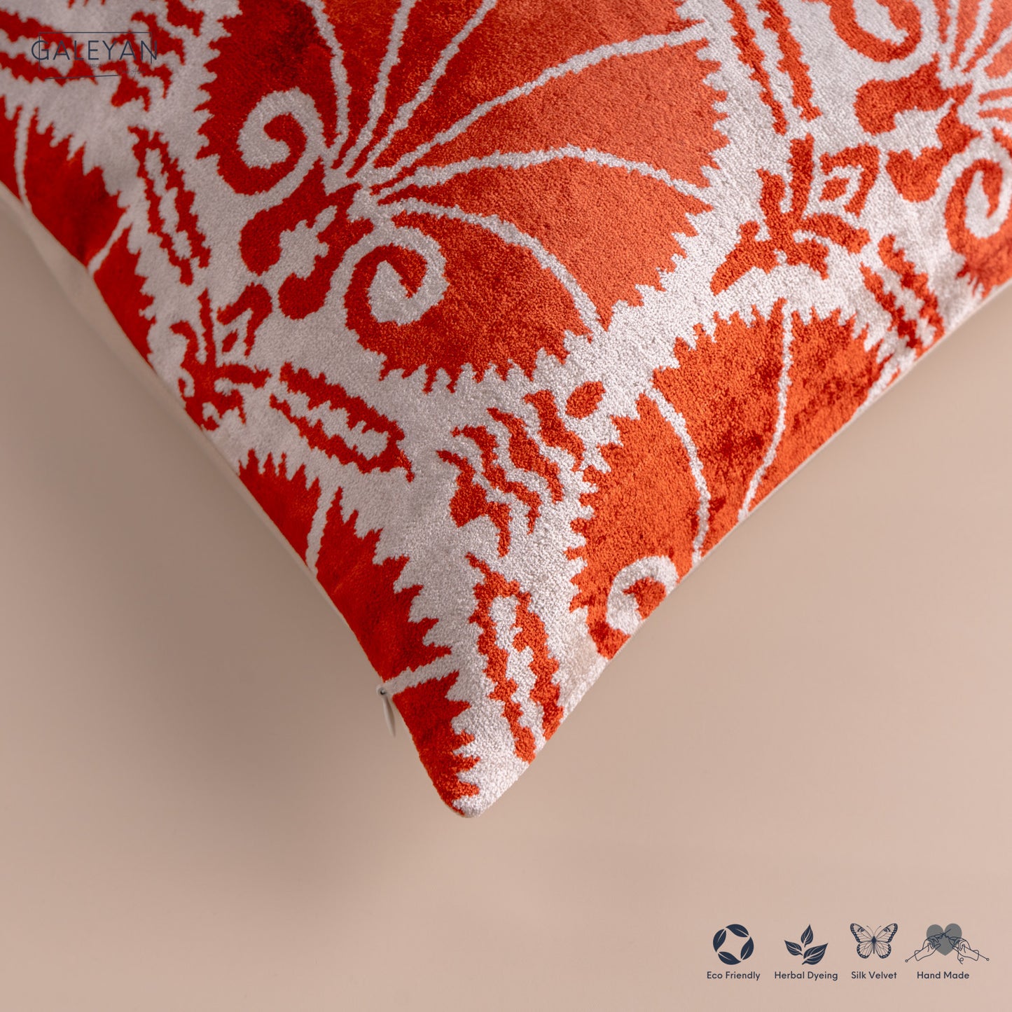 Silk Velvet Ikat Cushion – Off White/Red