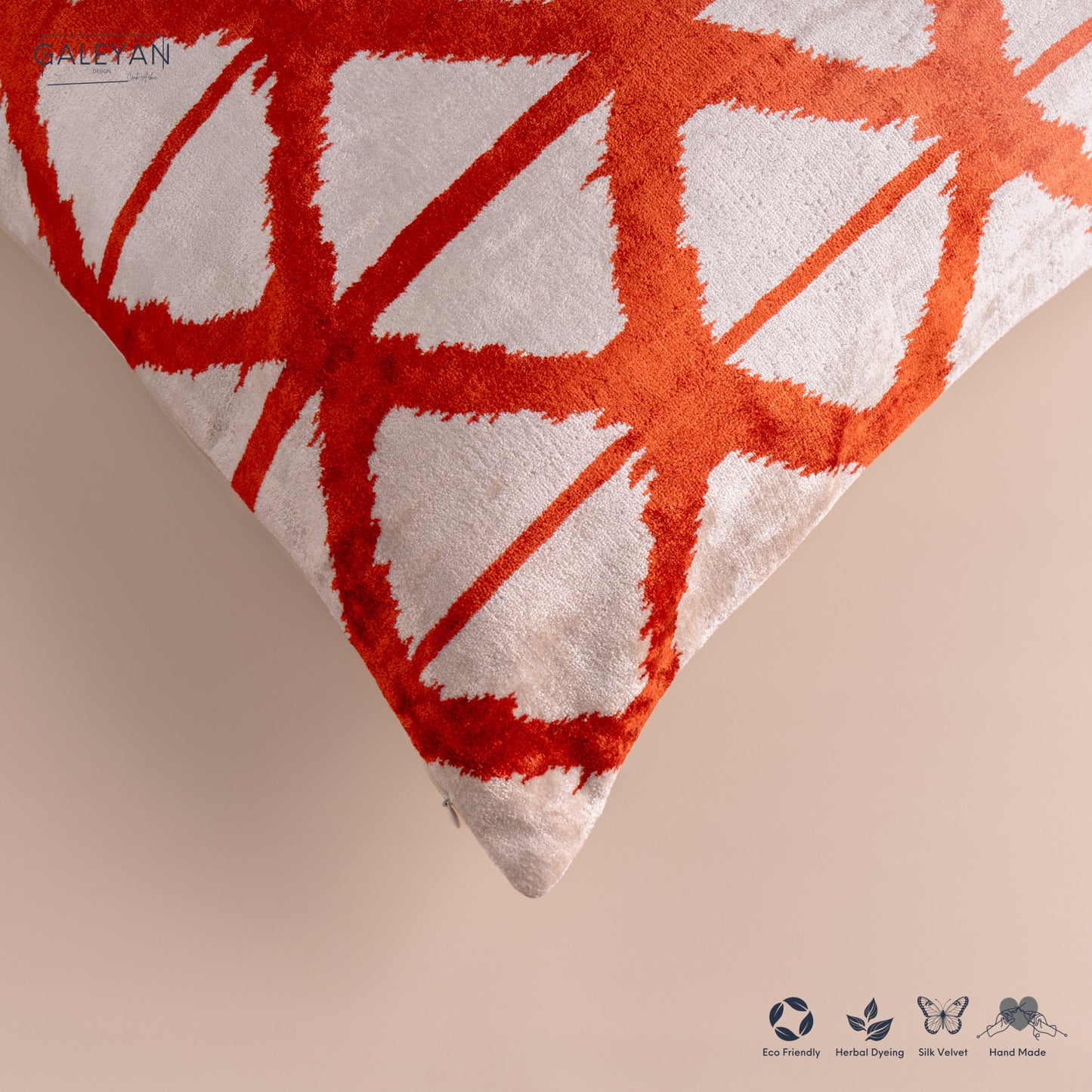 Silk Velvet Ikat Cushion – Off White/Red