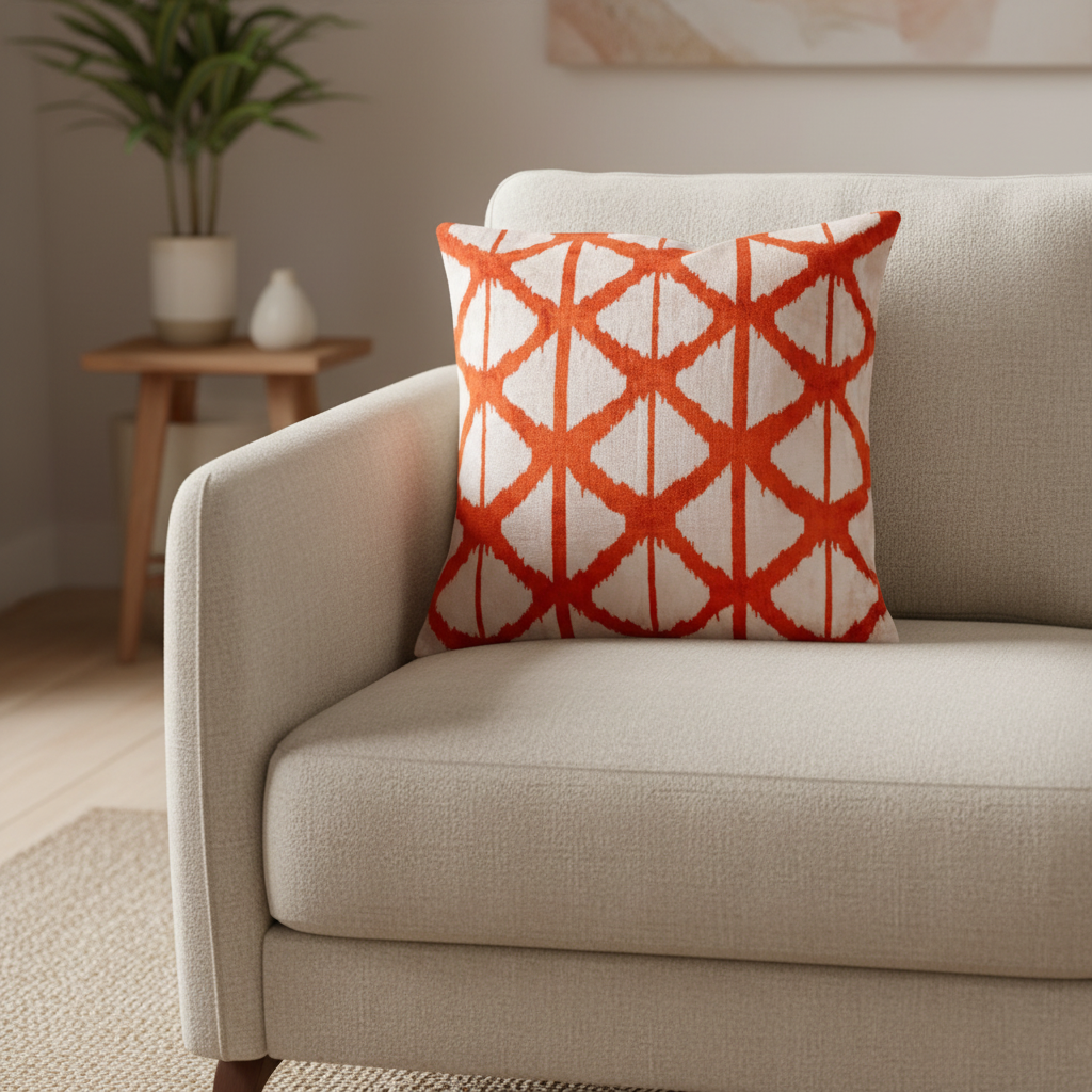 Silk Velvet Ikat Cushion – Off White/Red