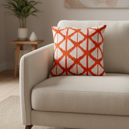 Silk Velvet Ikat Cushion – Off White/Red