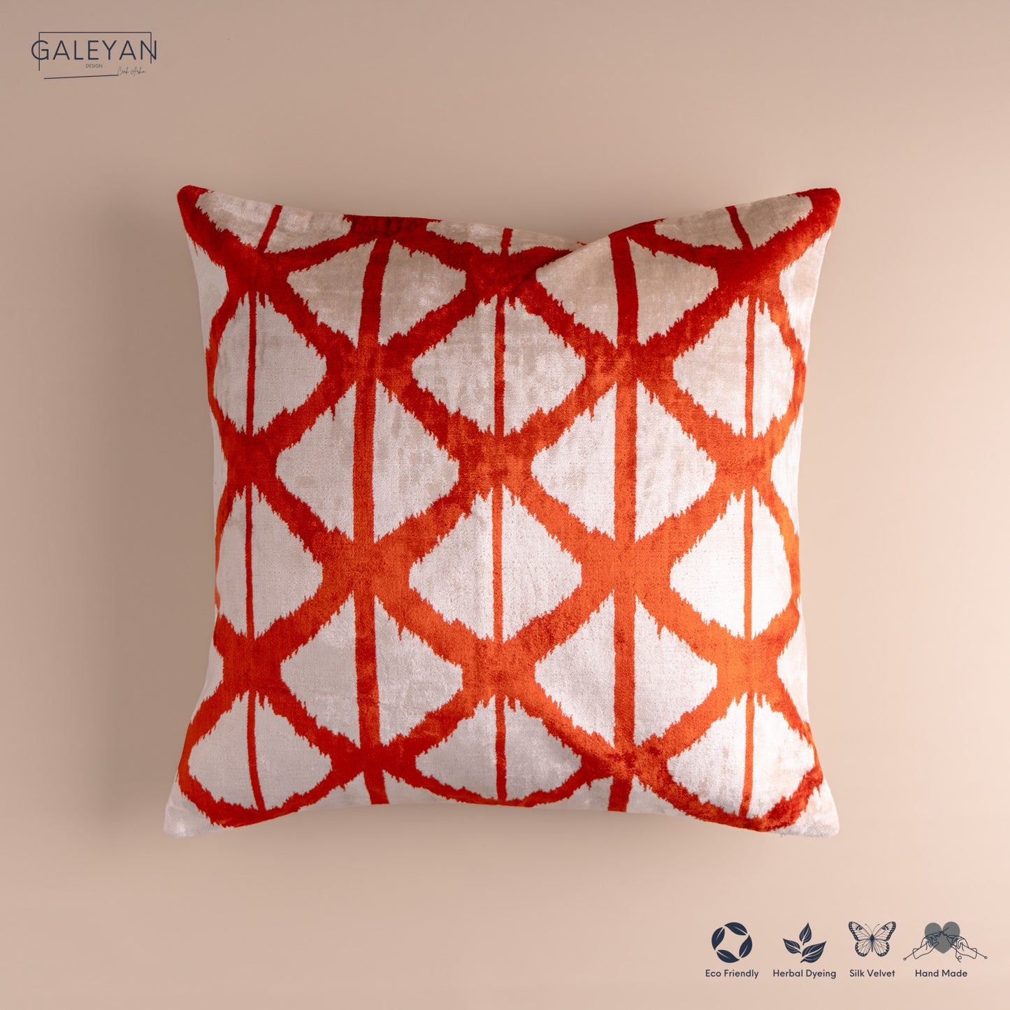 Silk Velvet Ikat Cushion – Off White/Red