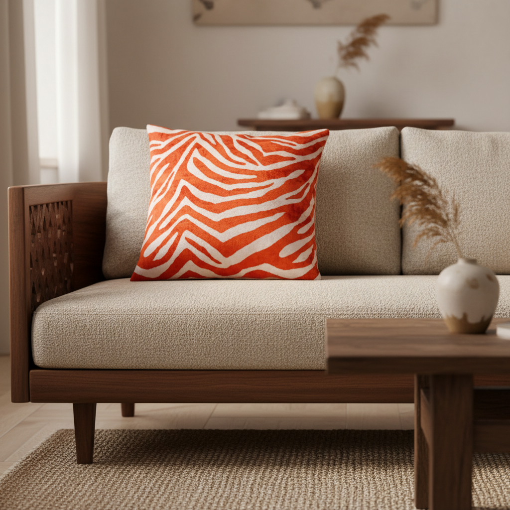 Silk Velvet Ikat Cushion – Off White/Red