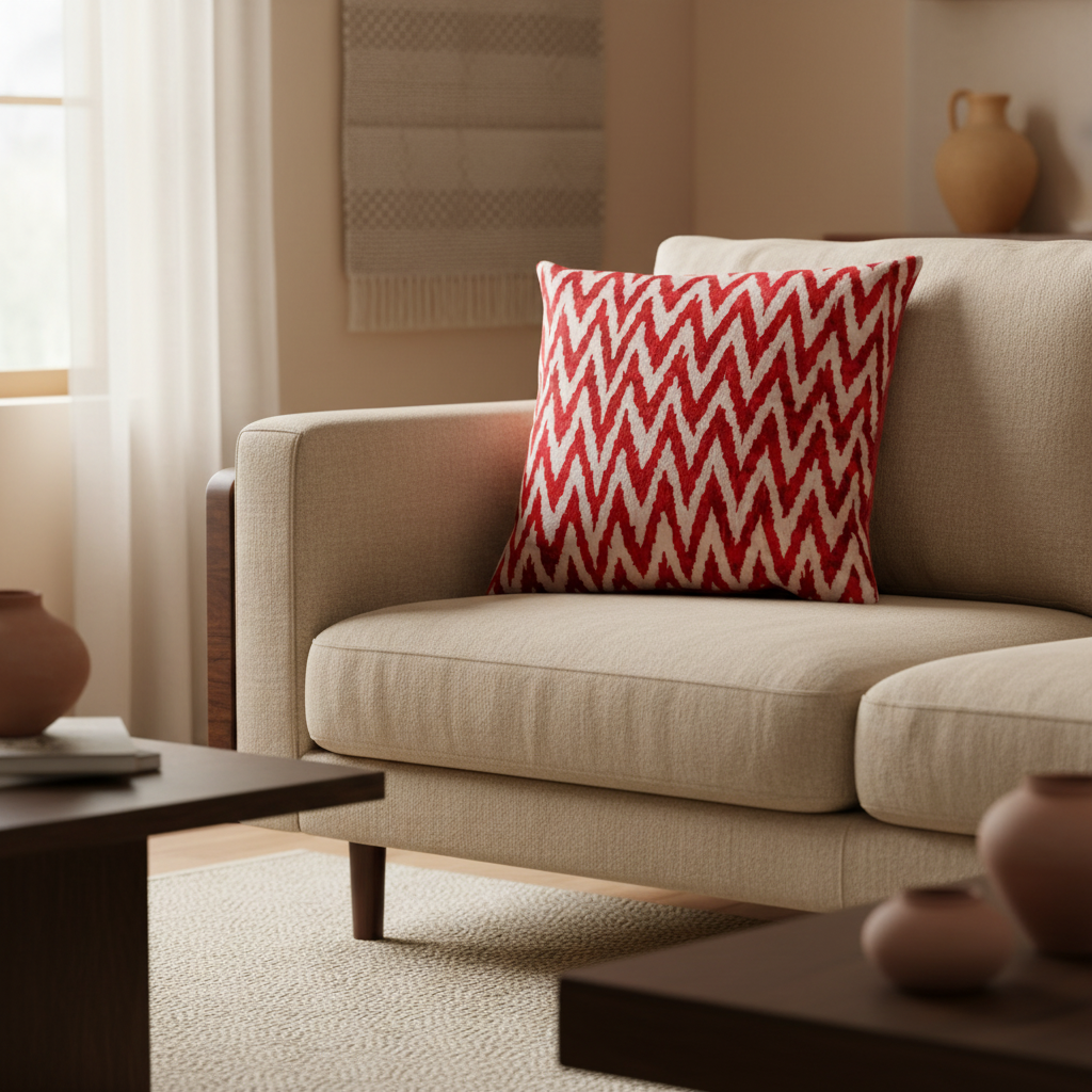 Silk Velvet Ikat Cushion – Off White/Burgundy