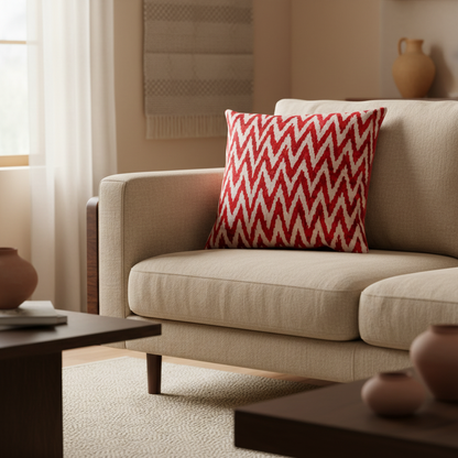 Silk Velvet Ikat Cushion – Off White/Burgundy