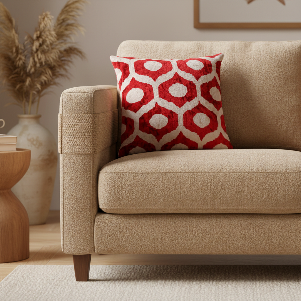 Silk Velvet Ikat Cushion – Off White/Burgundy