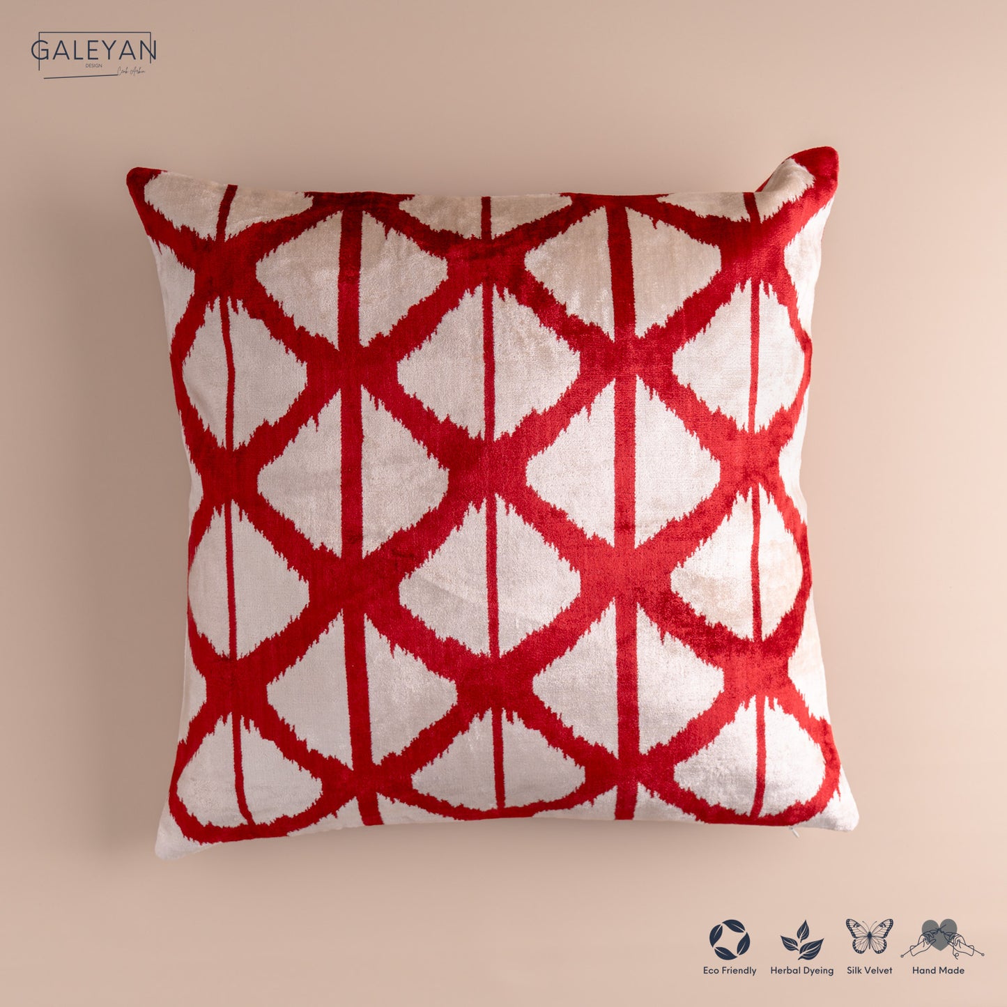 Silk Velvet Ikat Cushion – Off White/Burgundy