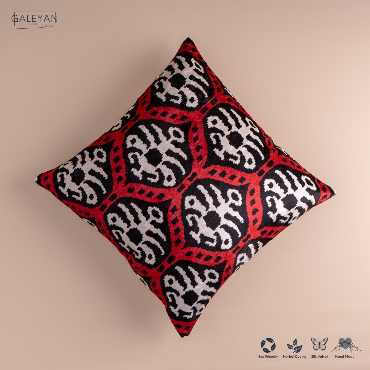 Silk Velvet Ikat Cushion – Off White/Red/Black