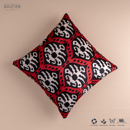 Silk Velvet Ikat Cushion – Off White/Red/Black