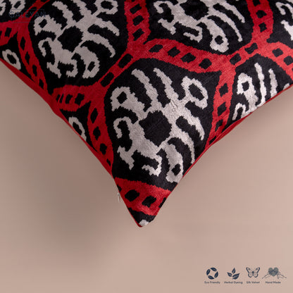 Silk Velvet Ikat Cushion – Off White/Red/Black
