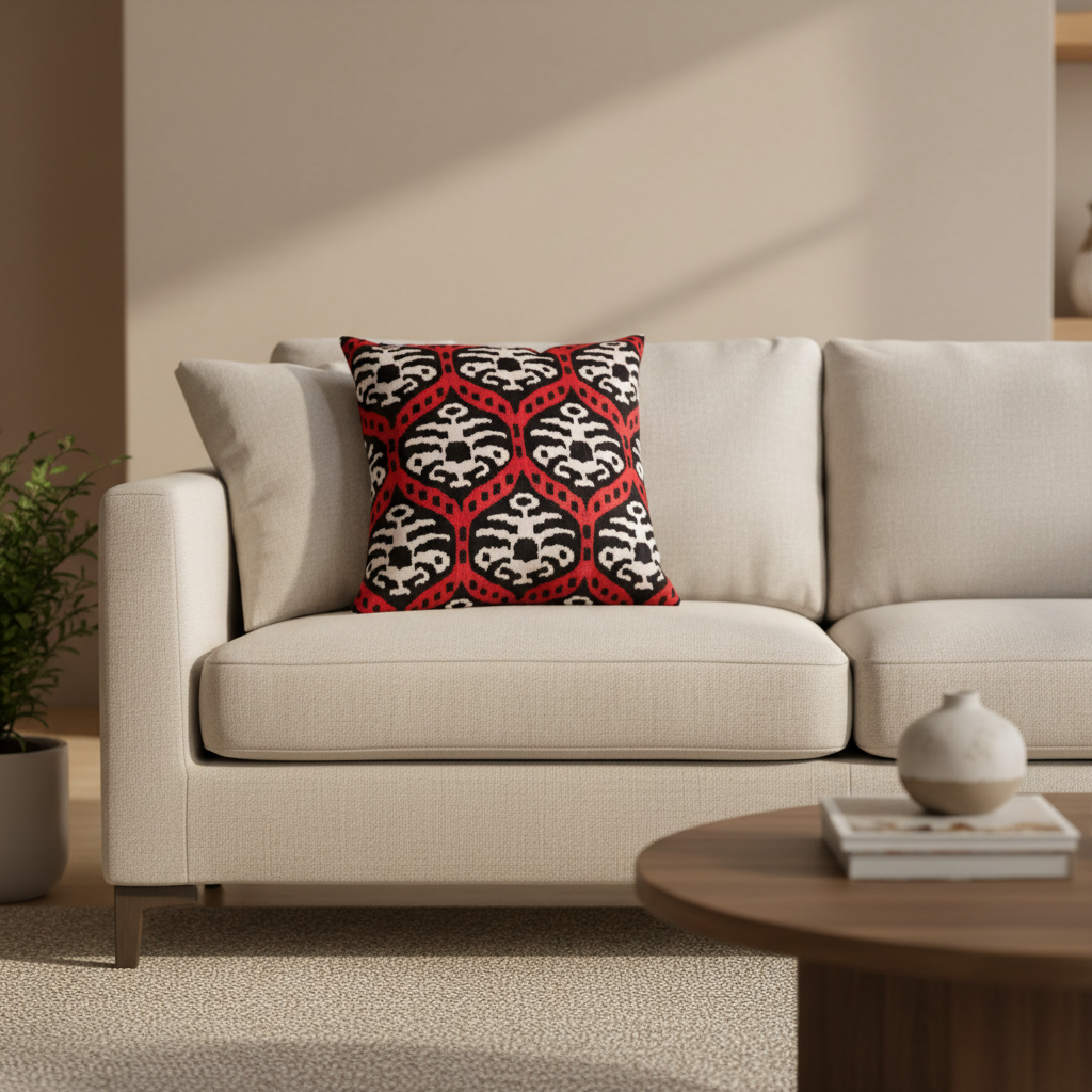 Silk Velvet Ikat Cushion – Off White/Red/Black