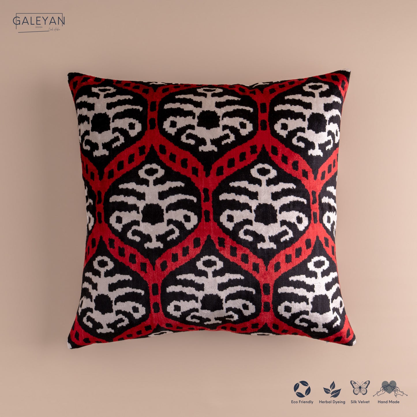 Silk Velvet Ikat Cushion – Off White/Red/Black