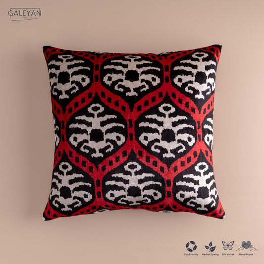 Silk Velvet Ikat Cushion – Off White/Red/Black