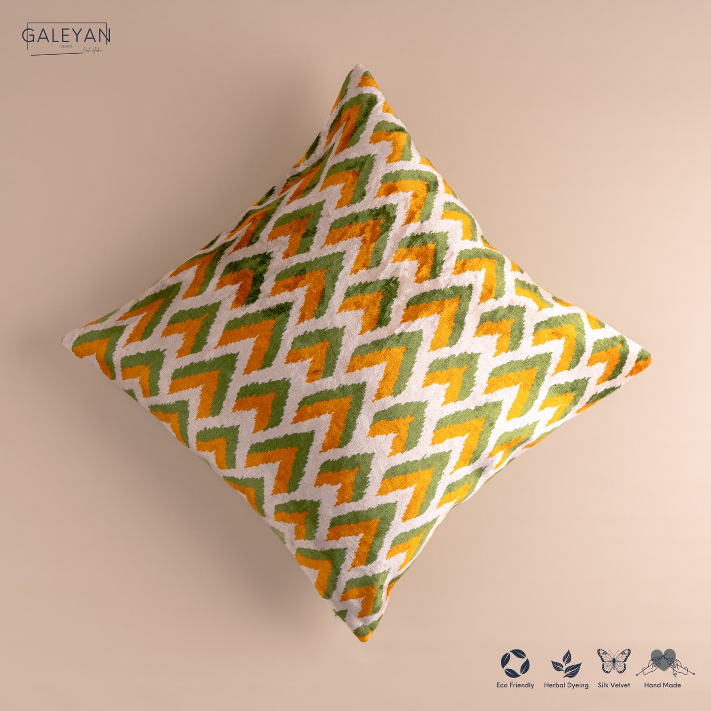 Silk Velvet Ikat Cushion – Off White/Pistachio Green/Saffron Gold