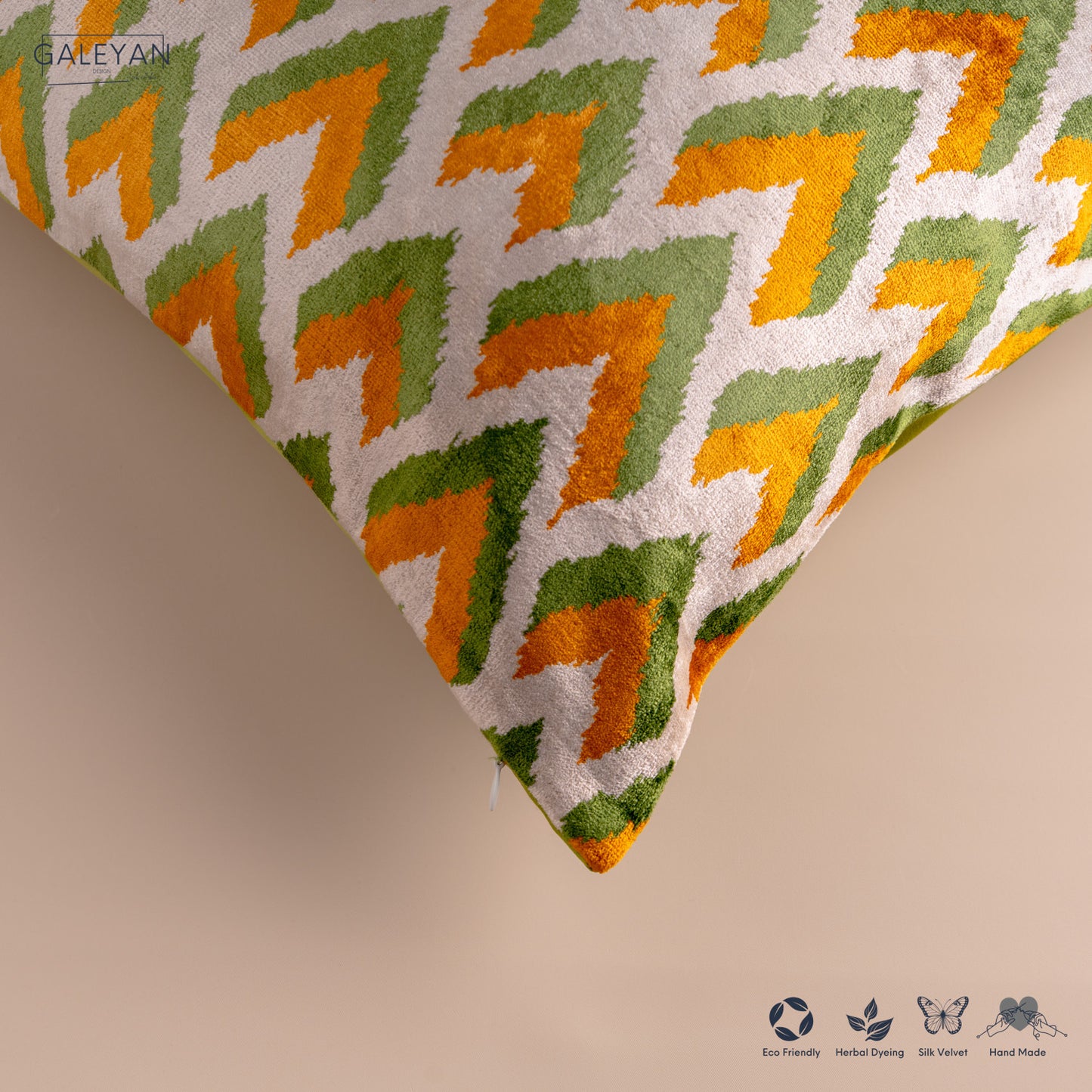 Silk Velvet Ikat Cushion – Off White/Pistachio Green/Saffron Gold