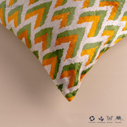Silk Velvet Ikat Cushion – Off White/Pistachio Green/Saffron Gold