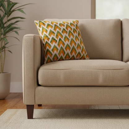 Silk Velvet Ikat Cushion – Off White/Pistachio Green/Saffron Gold