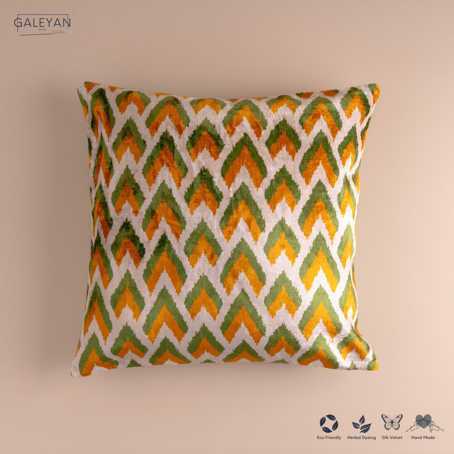 Silk Velvet Ikat Cushion – Off White/Pistachio Green/Saffron Gold