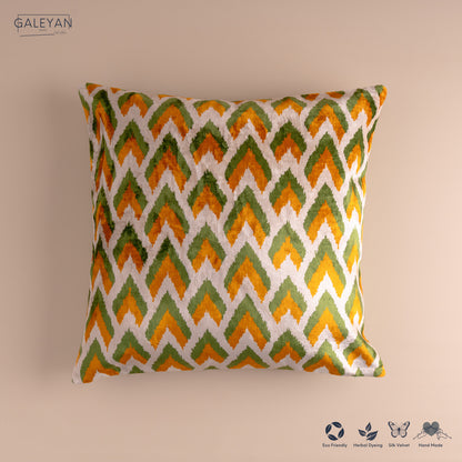 Silk Velvet Ikat Cushion – Off White/Pistachio Green/Saffron Gold