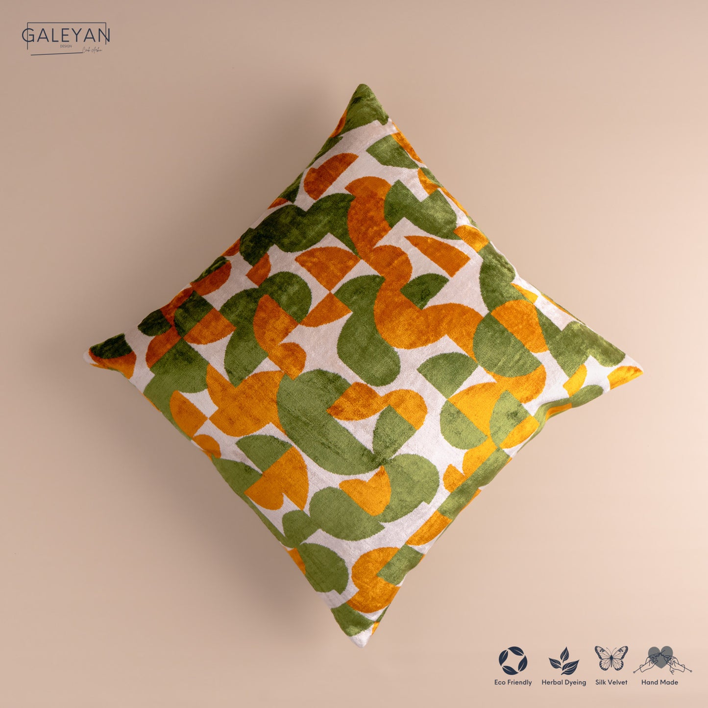 Silk Velvet Ikat Cushion – Off White/Pistachio Green/Saffron Gold