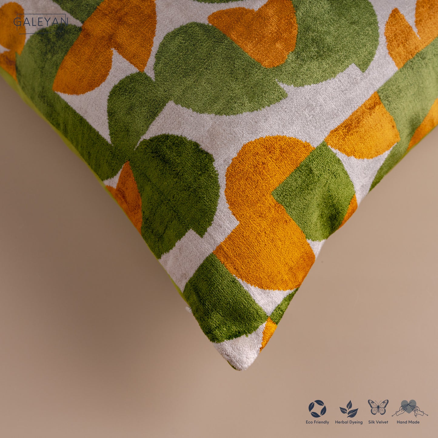 Silk Velvet Ikat Cushion – Off White/Pistachio Green/Saffron Gold