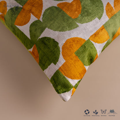 Silk Velvet Ikat Cushion – Off White/Pistachio Green/Saffron Gold
