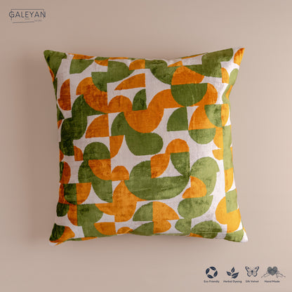 Silk Velvet Ikat Cushion – Off White/Pistachio Green/Saffron Gold