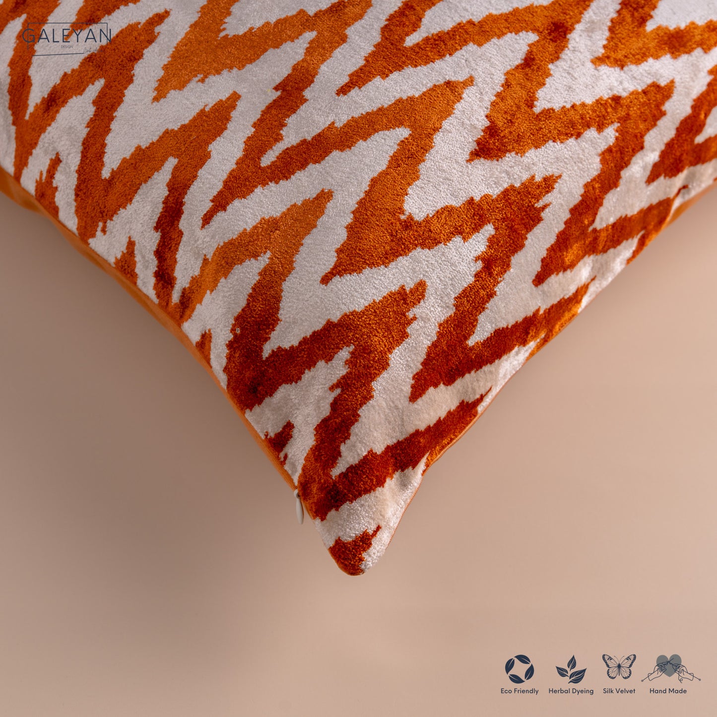 Silk Velvet Ikat Cushion – Off White/Amber