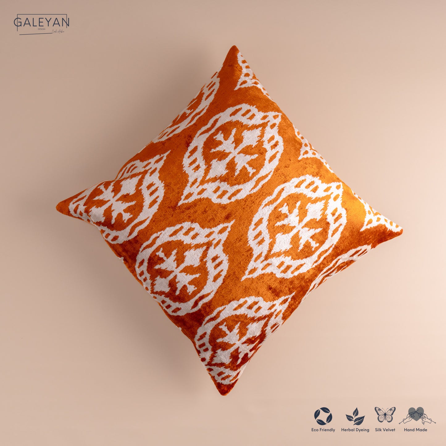 Silk Velvet Ikat Cushion – Off White/Amber