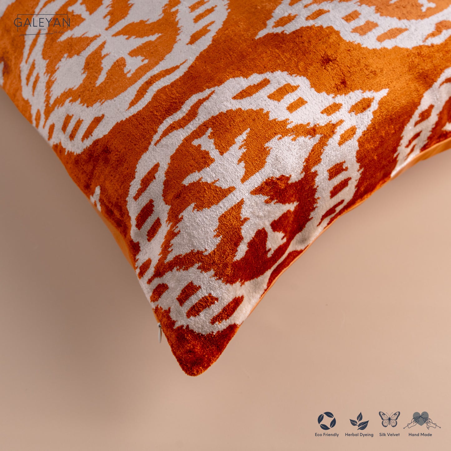 Silk Velvet Ikat Cushion – Off White/Amber