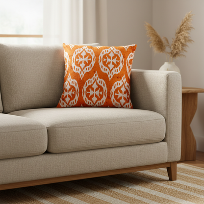 Silk Velvet Ikat Cushion – Off White/Amber