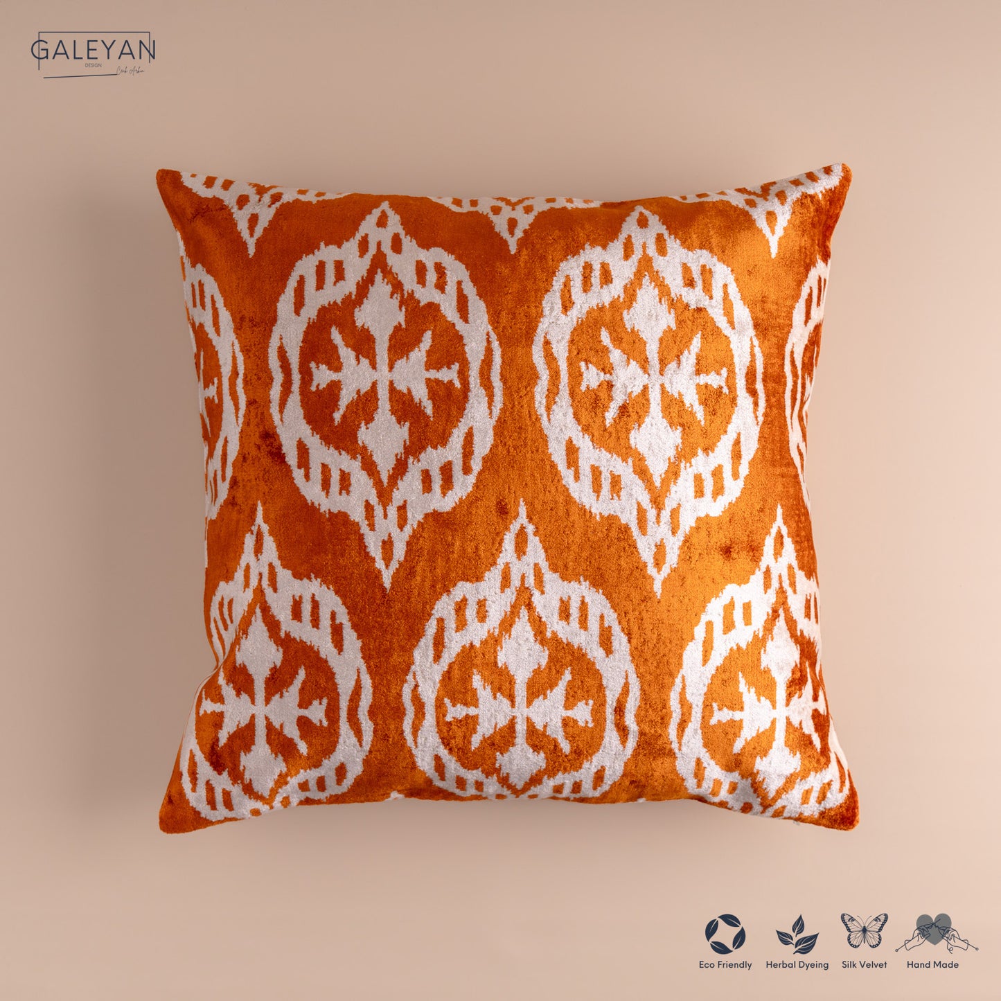 Silk Velvet Ikat Cushion – Off White/Amber