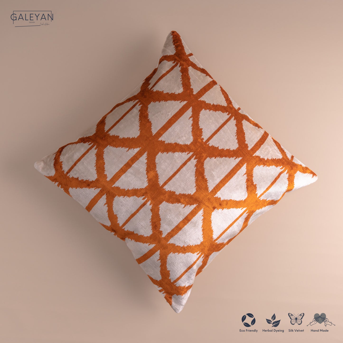 Silk Velvet Ikat Cushion – Off White/Saffron Gold