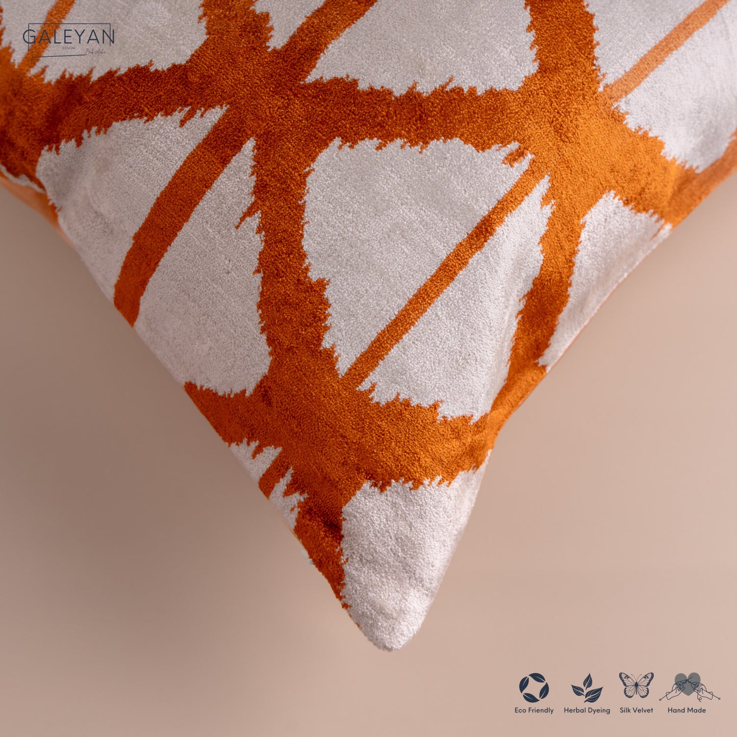 Silk Velvet Ikat Cushion – Off White/Saffron Gold