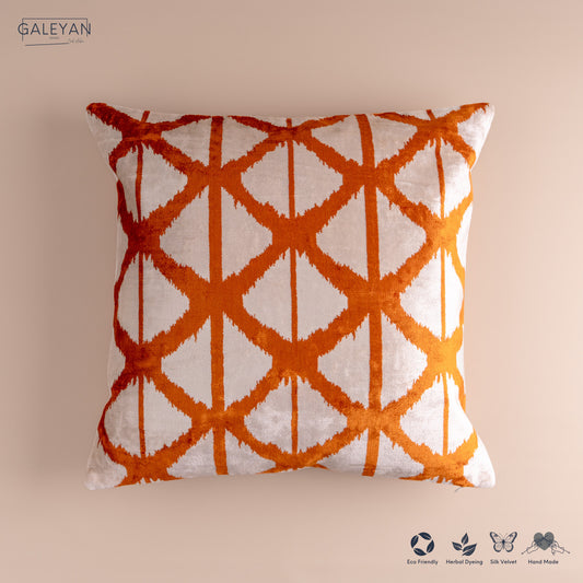 Silk Velvet Ikat Cushion – Off White/Saffron Gold