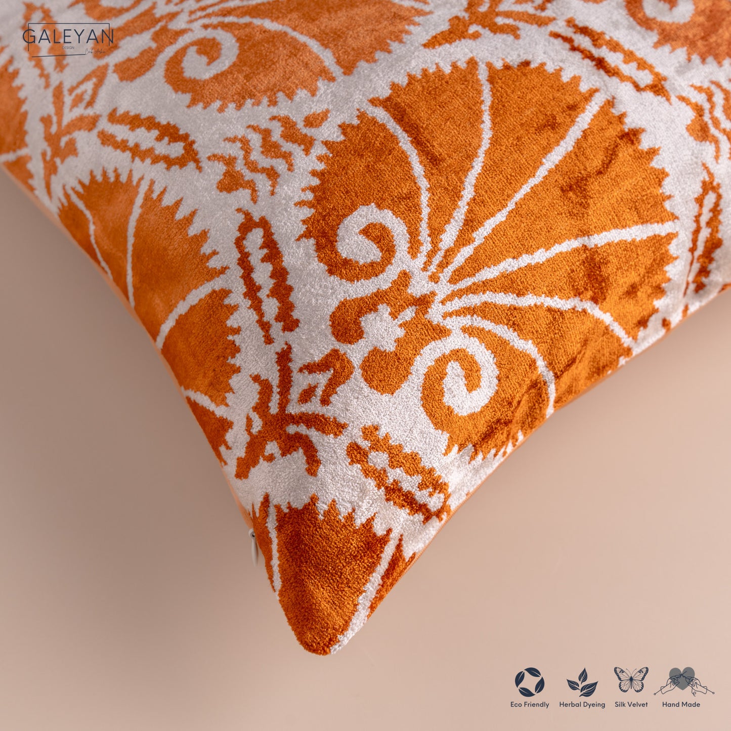 Silk Velvet Ikat Cushion – Off White/Amber