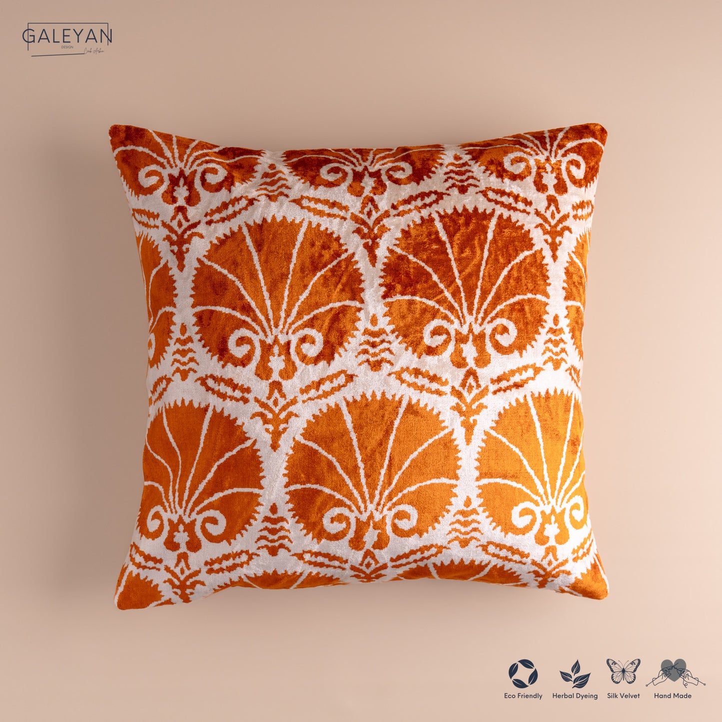 Silk Velvet Ikat Cushion – Off White/Amber