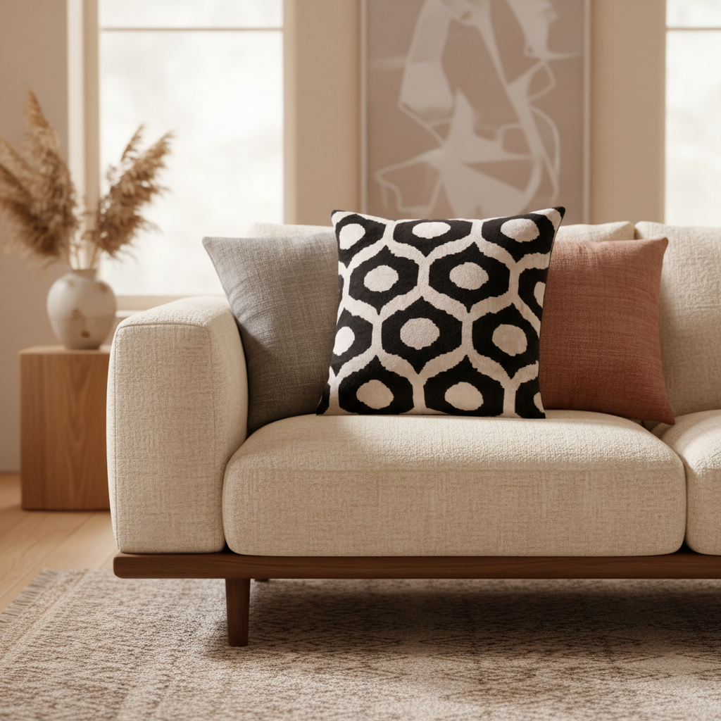 Silk Velvet Ikat Cushion – Off White/Black