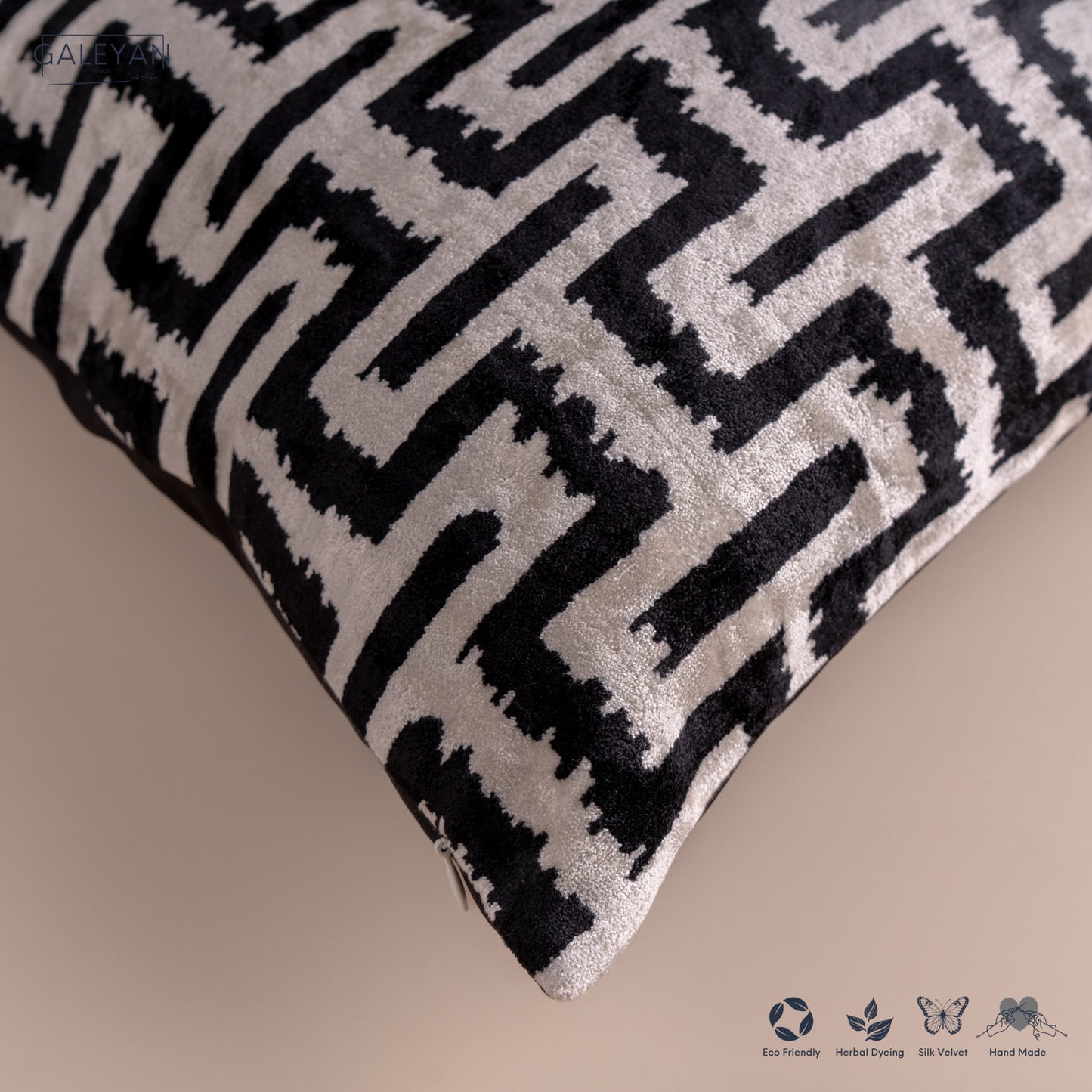Silk Velvet Ikat Cushion – Off White/Black