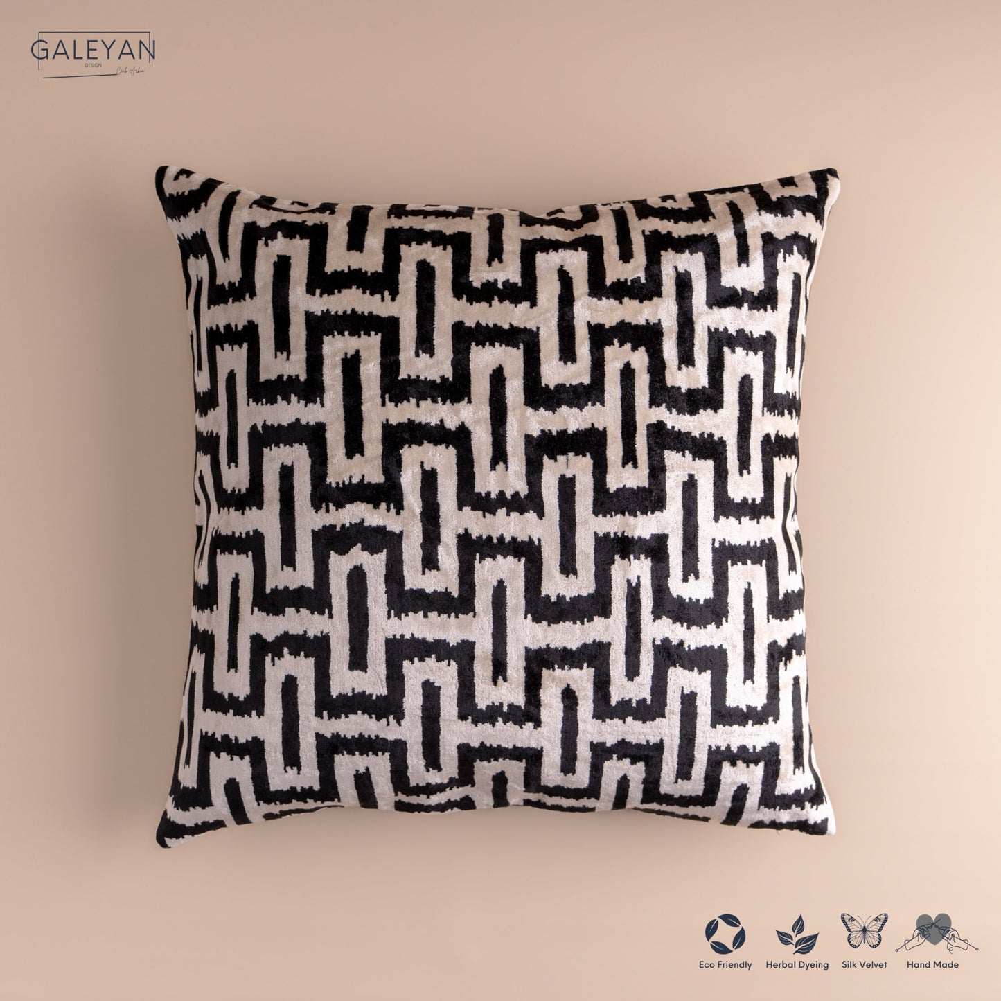 Silk Velvet Ikat Cushion – Off White/Black
