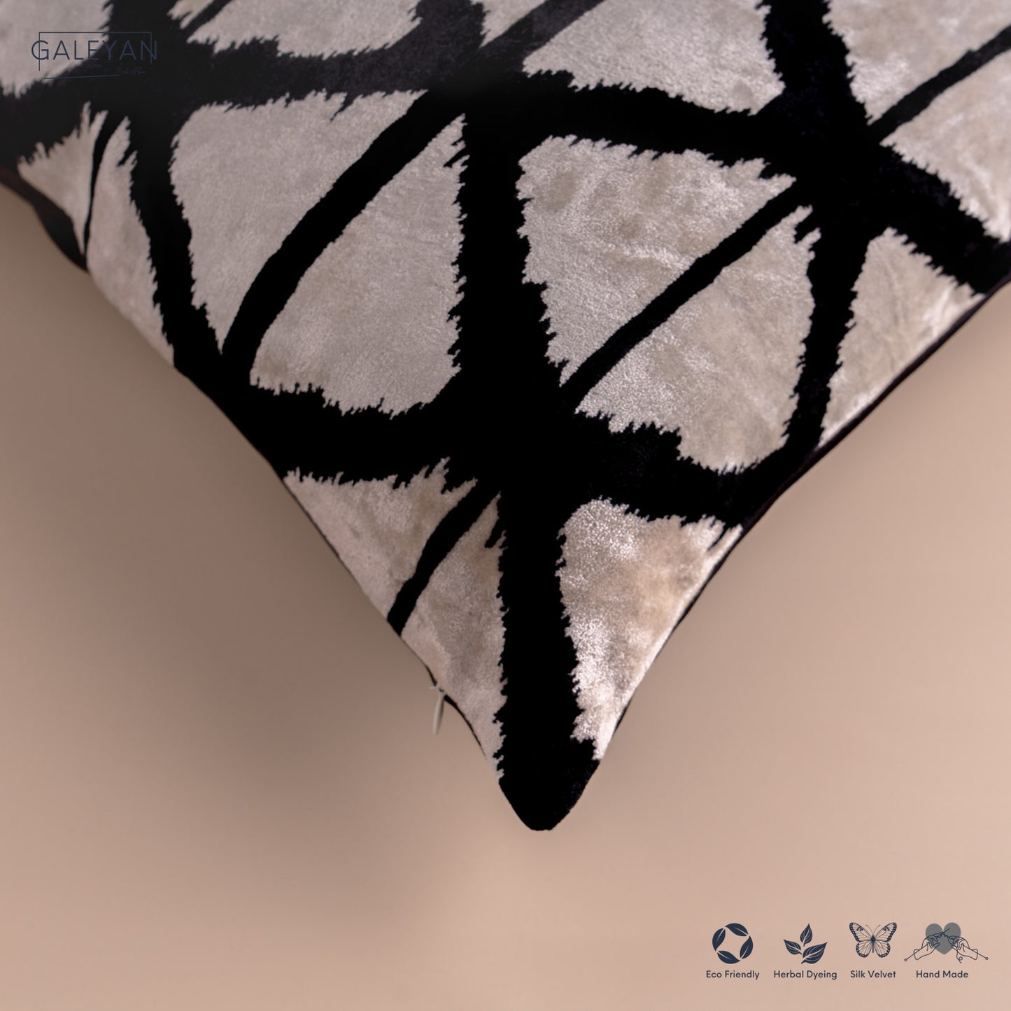 Silk Velvet Ikat Cushion – Off White/Black