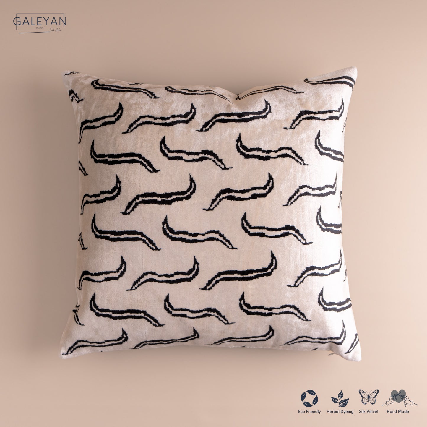 Silk Velvet Ikat Cushion – Off White/Black
